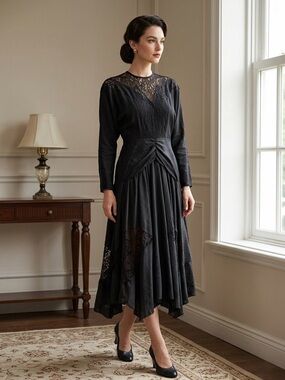Vintage Elegant Black Lace Midi Dress- size Medium